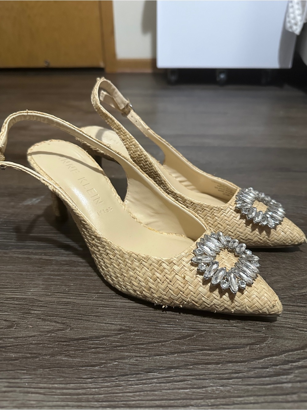 Anne Klein Natural Woven Slingback Mules with Crystal Medallion - Picture 3 of 3